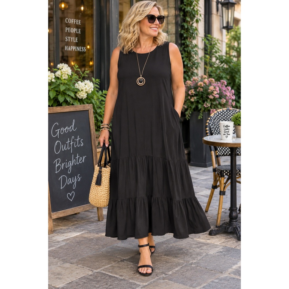 Annalee + Hope Black Sleeveless Tiered Maxi Dress XL Made in USA Back Tie